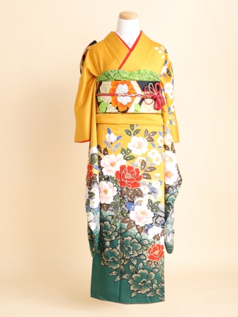振袖 身長140-155cm 黄 正絹 未仕立て 振袖 22点セット「オフホワイト×茶 菊牡丹に笹」仮絵羽